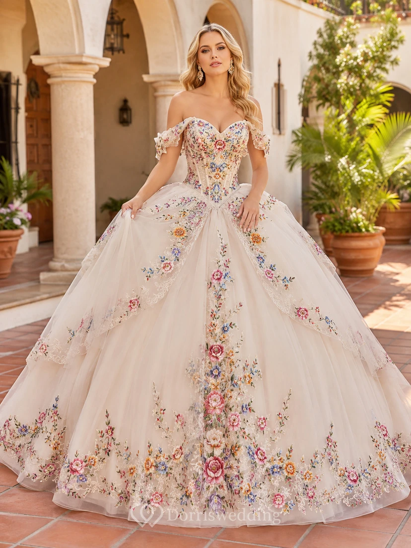 Ivory Multicolor Off Shoulder Floral Embroidered Tulle Quinceanera Princess Formal Ball Gown