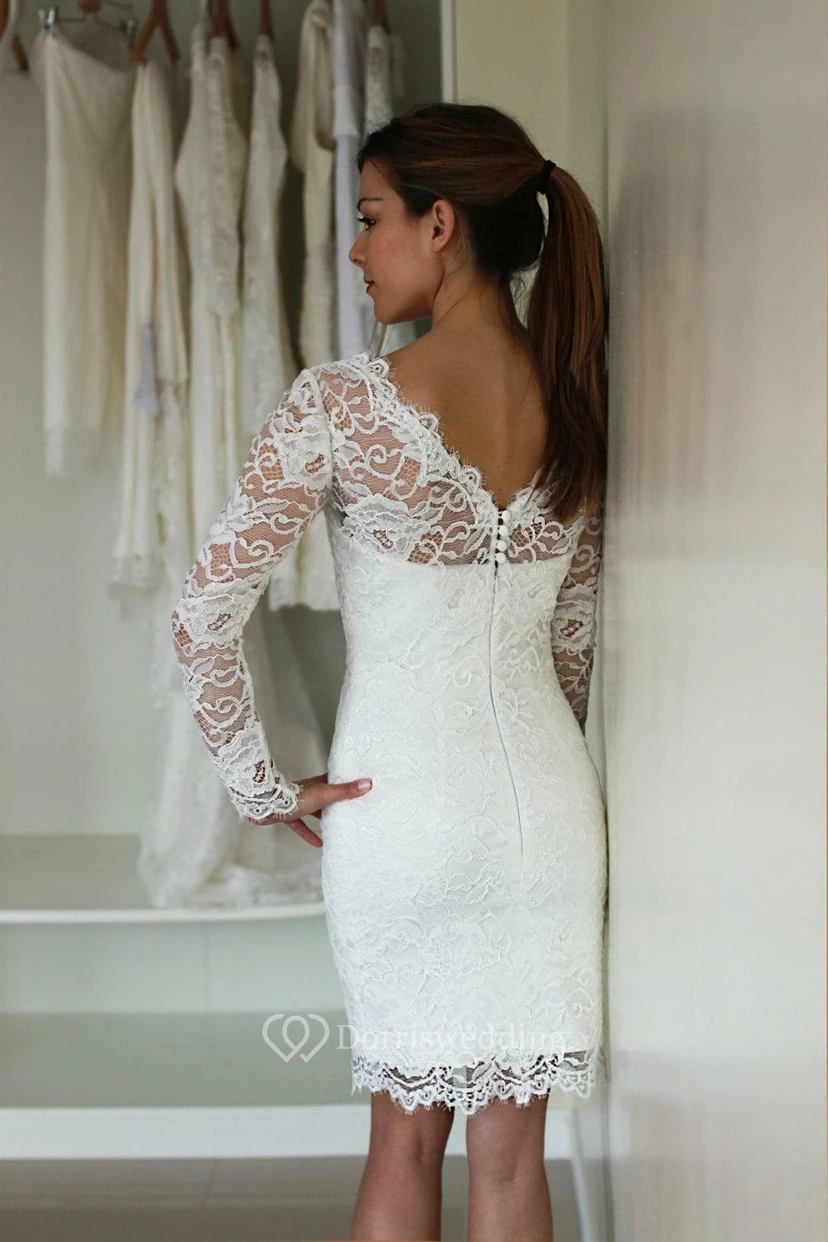 Robe de mariée courte en dentelle blanche | Robe de mariée décontractée longueur genou avec manches view 10