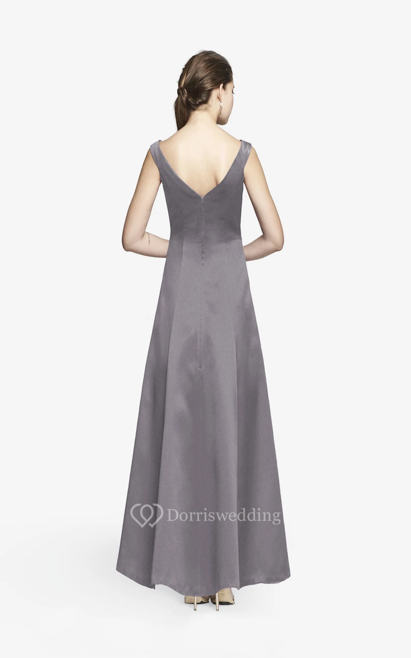 Simple V-neckline Floor-length Satin Dress With Cap Sleeves view 19