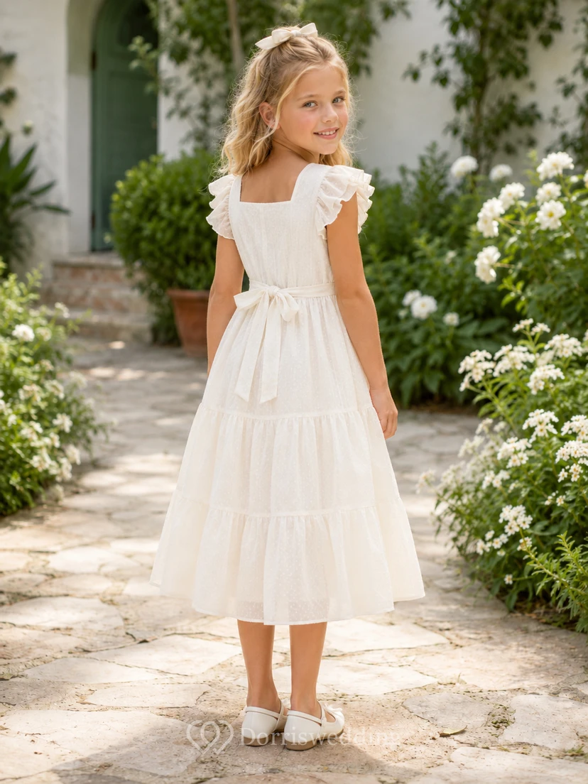 Flower Girl Dress A-Line Cream Lightweight Breathable Chiffon Tiered Sleeve view 2