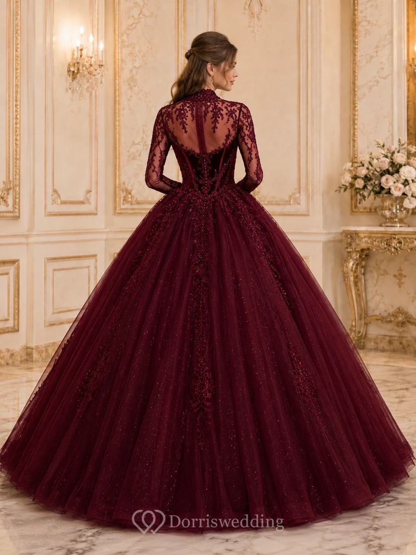 Modest Burgundy Quinceanera Ball Gown High Neck Long Sleeve Dress view 2