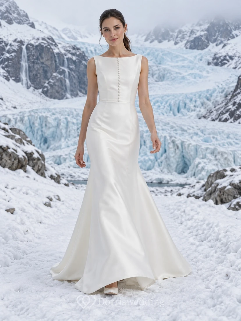 Vestido de novia de satén sin mangas con escote barco, corte sirena, botones en la parte delantera y cola larga.