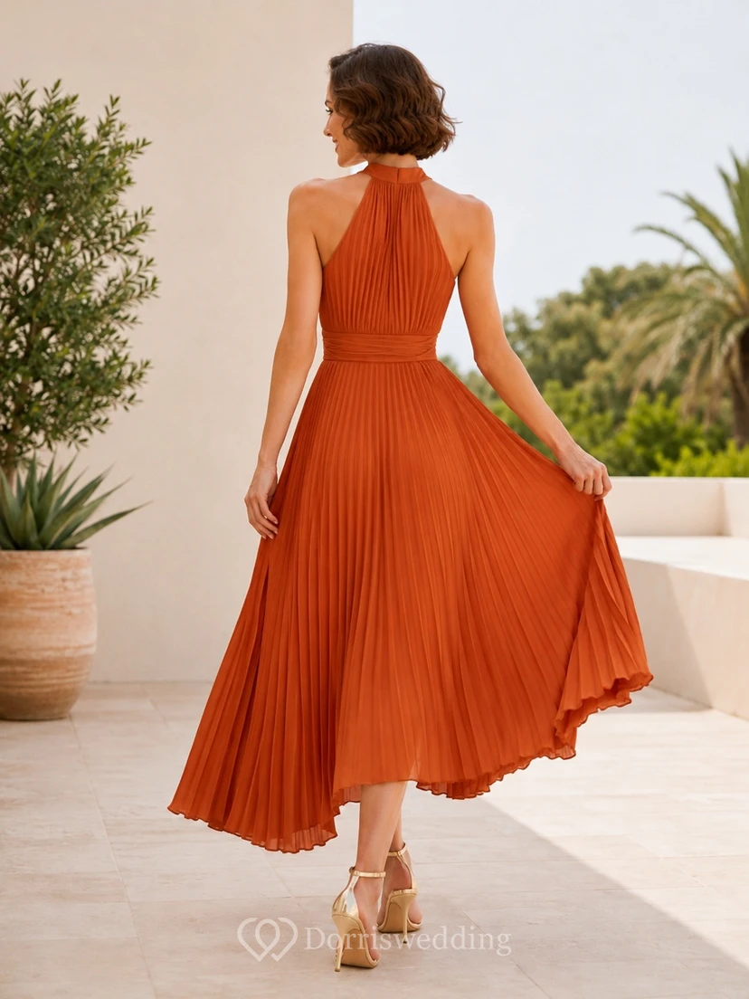 High-Low-Kleid in gebranntem Orange mit Teelänge, Neckholder und Falten in A-Linie view 2