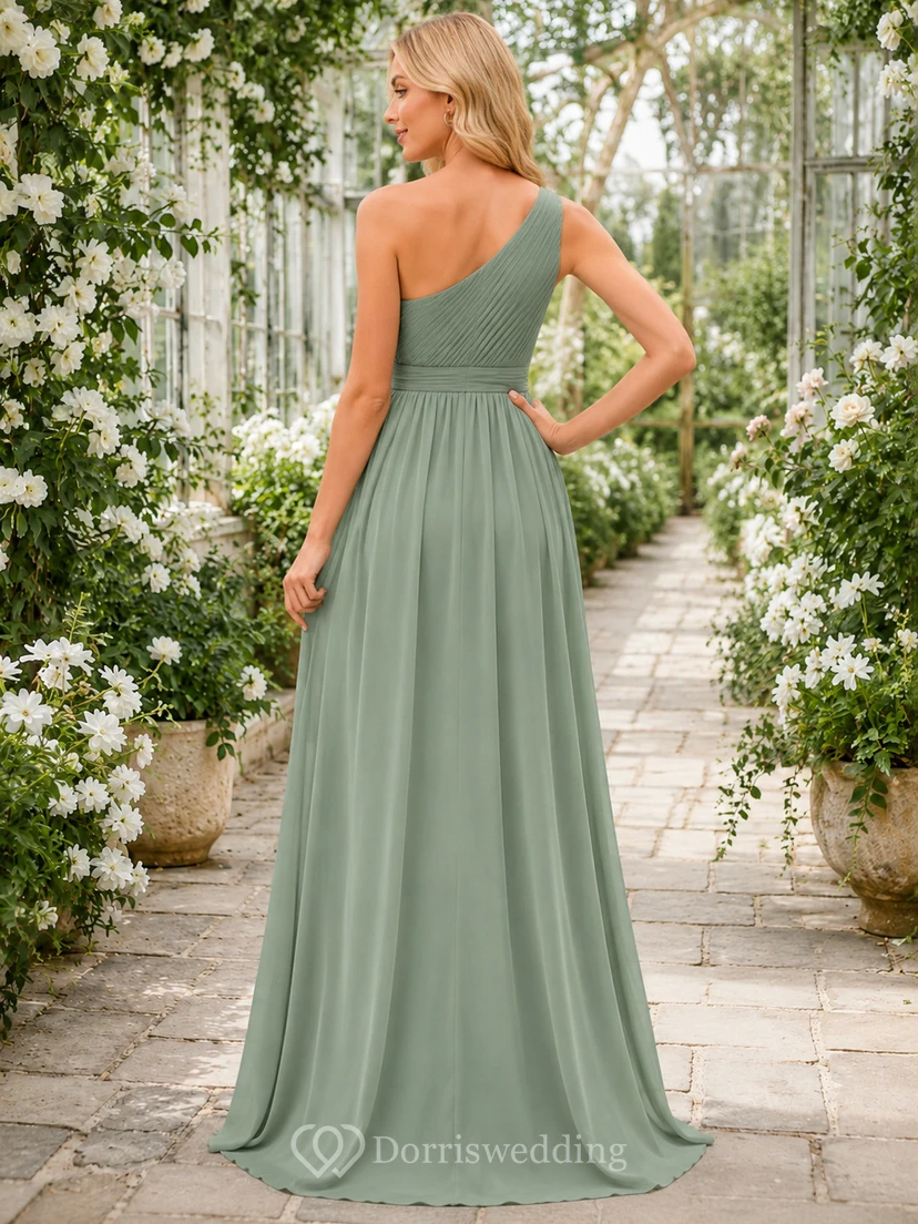 Sage Botanical Garden A-Line Chiffon Bridesmaid Dress with Sleeveless One-Shoulder Bodice, Pleated Floor-Length Skirt and Low V Back view 2