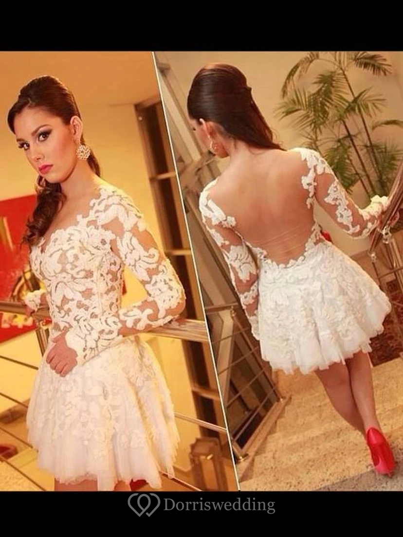 A-line Scoop Long Sleeves Lace Short Tulle Dresses