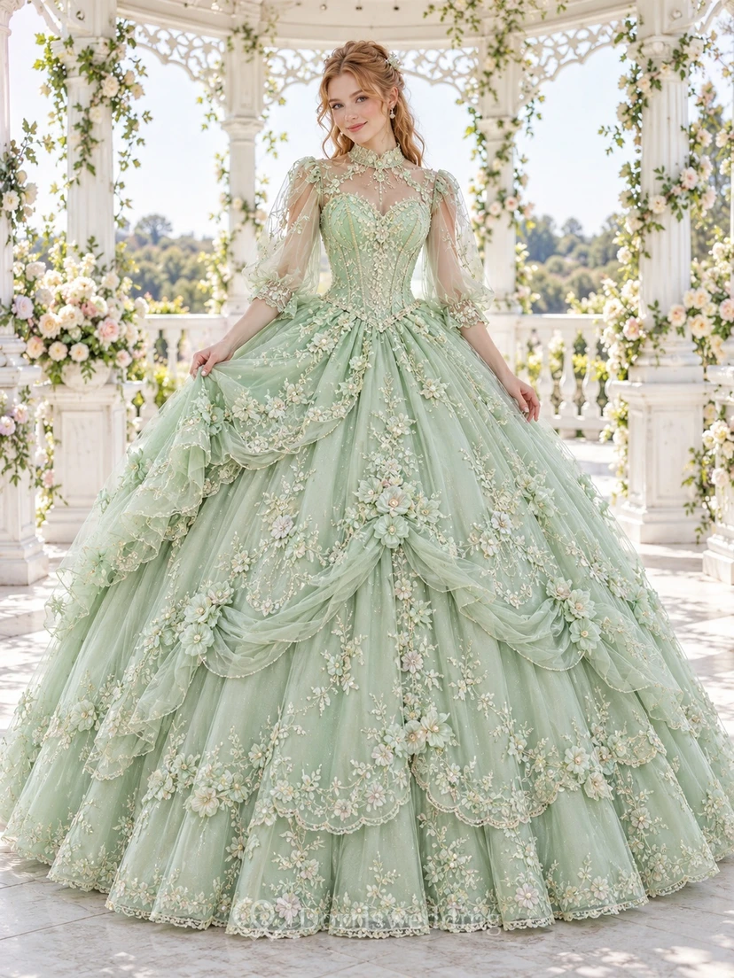 Robe de bal victorienne vert menthe à manches illusion et imprimé floral pour quinceañera