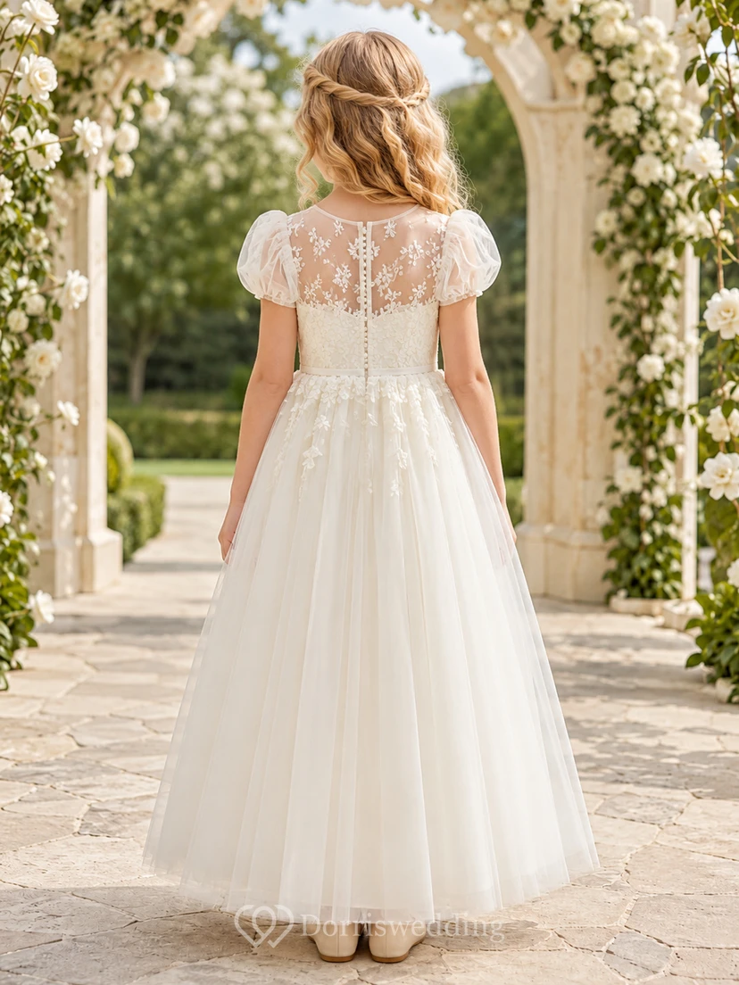 Blumenmädchenkleid aus elfenbeinfarbener Spitze und Tüll, A-Linie, Rundhalsausschnitt, Teelänge view 2