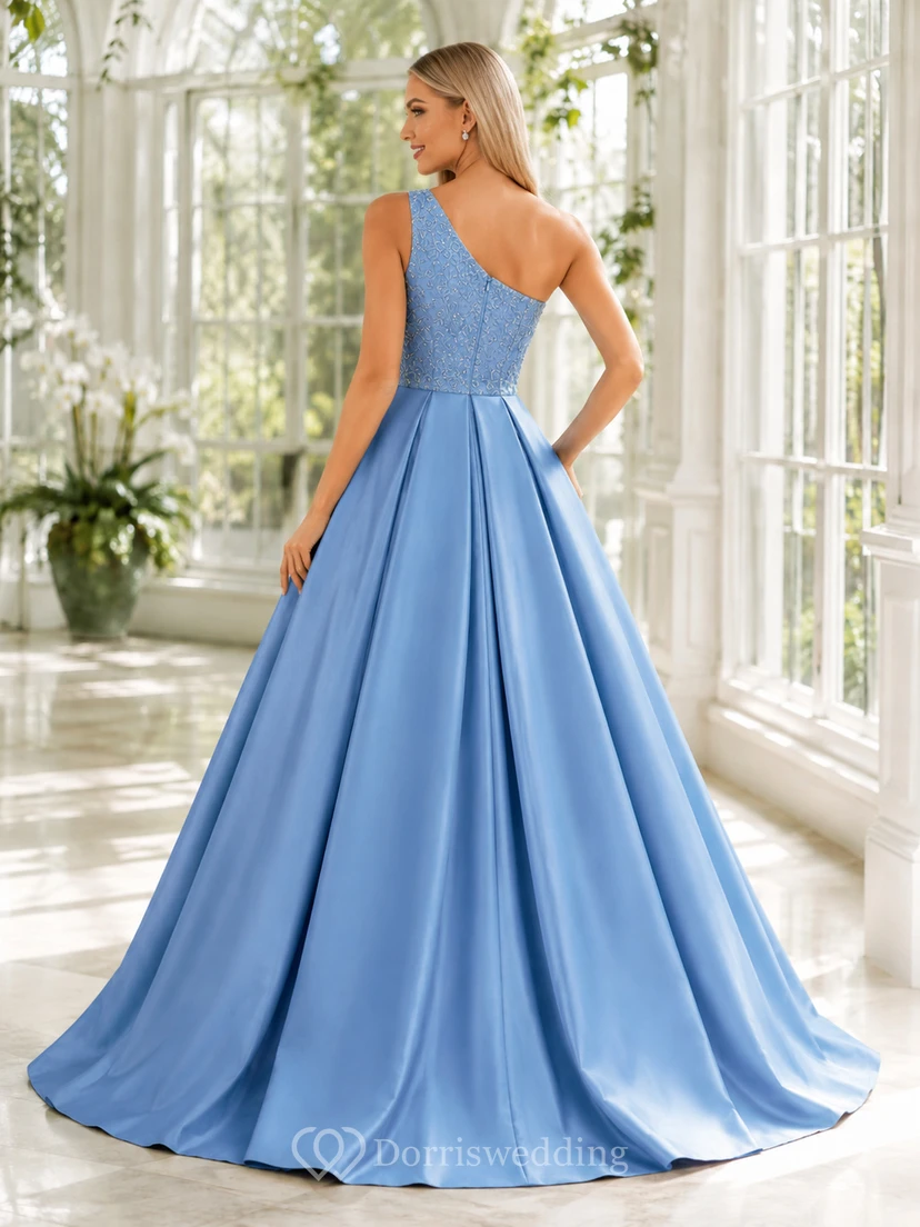 Robe de bal de luxe plissée en satin brodé bleu ciel à une épaule view 2
