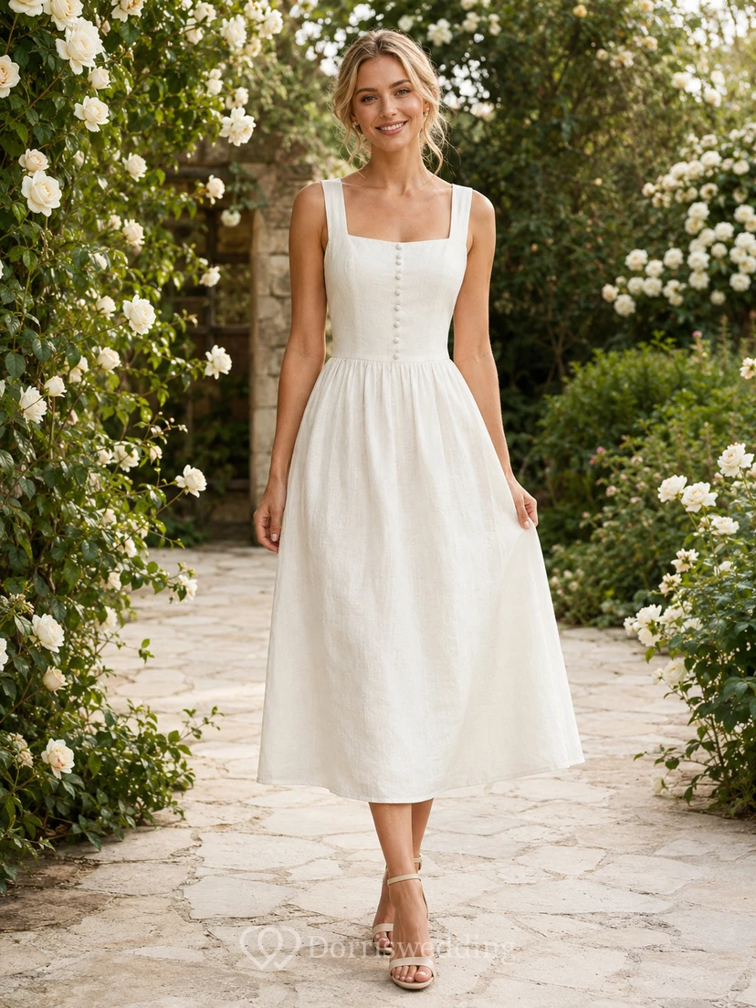 Robe de mariée mi-longue en lin à col carré pour une escapade champêtre