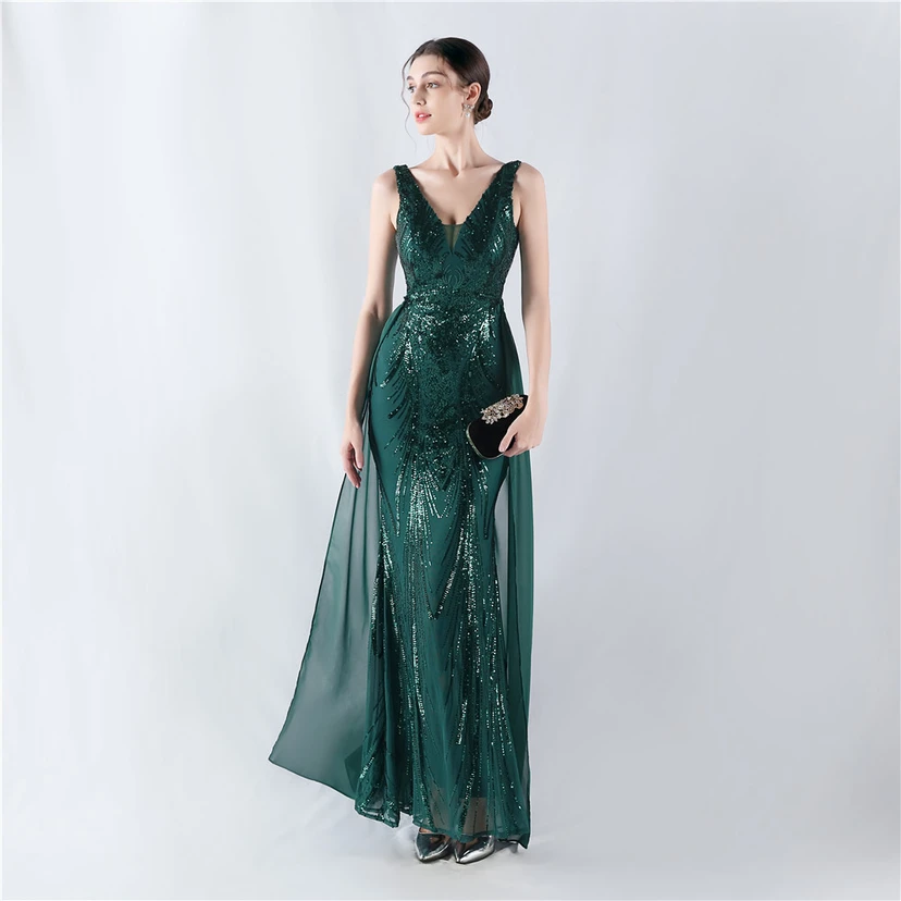 Paillettenbesetzte Blumen auf der Rückseite, Perlenstickerei mit Cape, Abendkleid für die Jahreshauptversammlung view 14