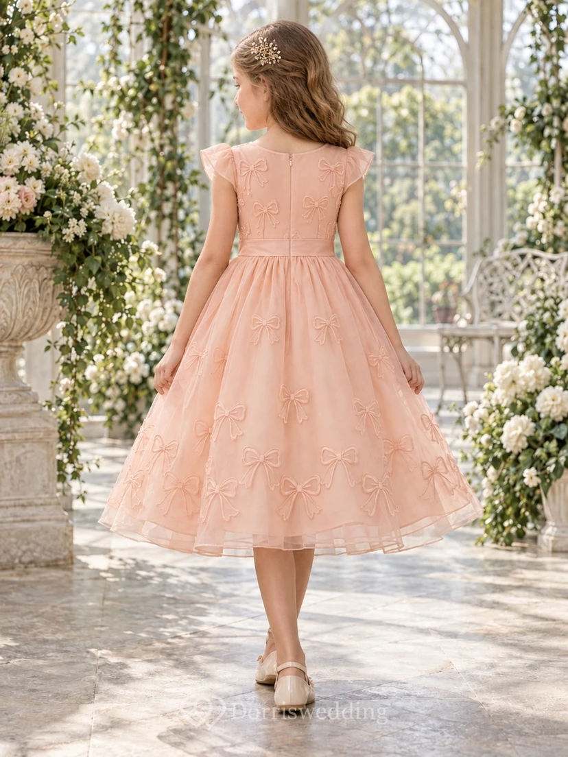 Tea-length Peach Bateau Cap Sleeve Bow Embroidered Organza Flower Girl Dress view 2