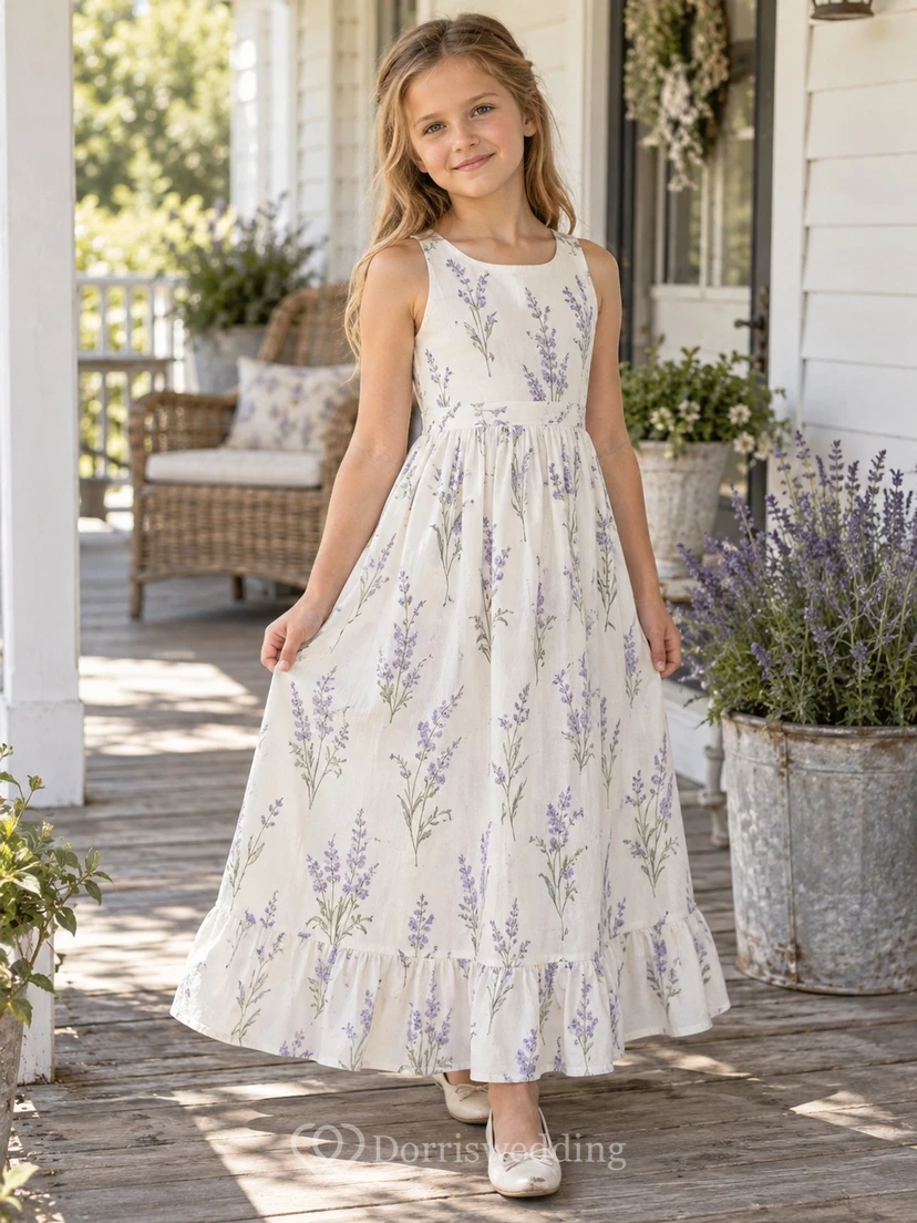 Country Cream Floral Sleeveless Scoop Neck Ruffle Cotton A-line Flower Girl Dress
