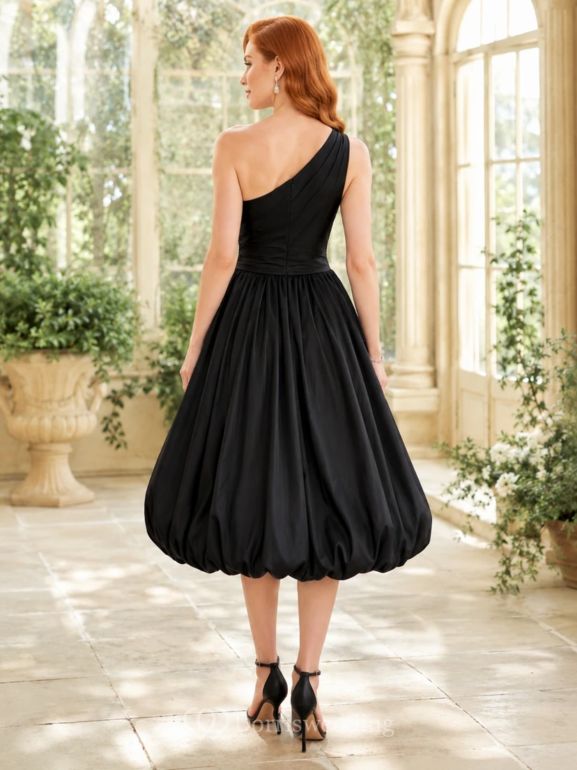 Black One-Shoulder Draped Taffeta Bubble-Hem A-Line Knee-Length Cocktail Dress view 2