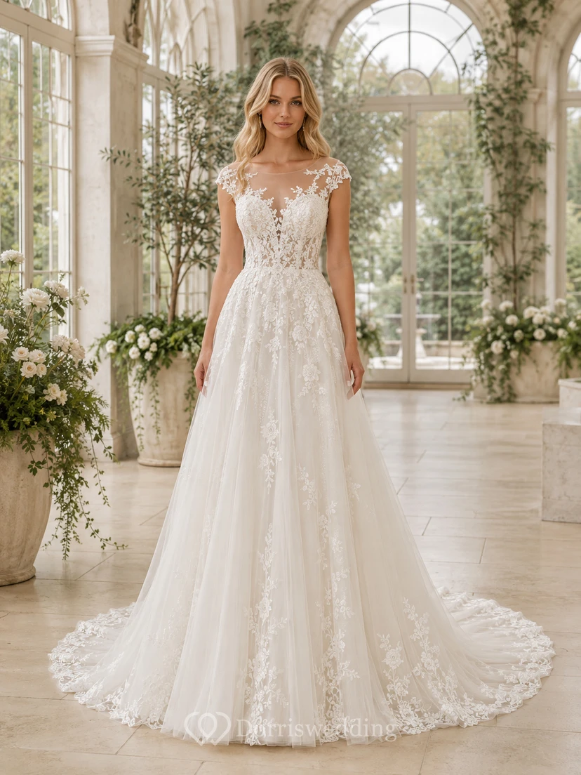 Lace Tulle Wedding Dress A-Line V-Neck Sleeveless Sweep Train Low V Back Bridal Gown