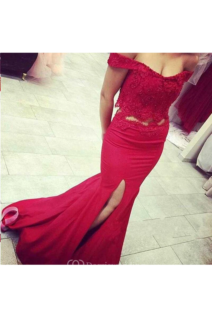 Mermaid Trumpet Satin Lace Off-the-shoulder Short Sleeve Zipper Dress