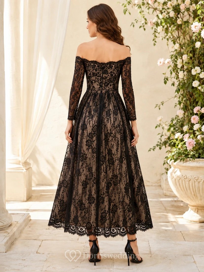 Romantic Black Off-the-shoulder Long Sleeve Lace A-Line Tea-length Dress view 2
