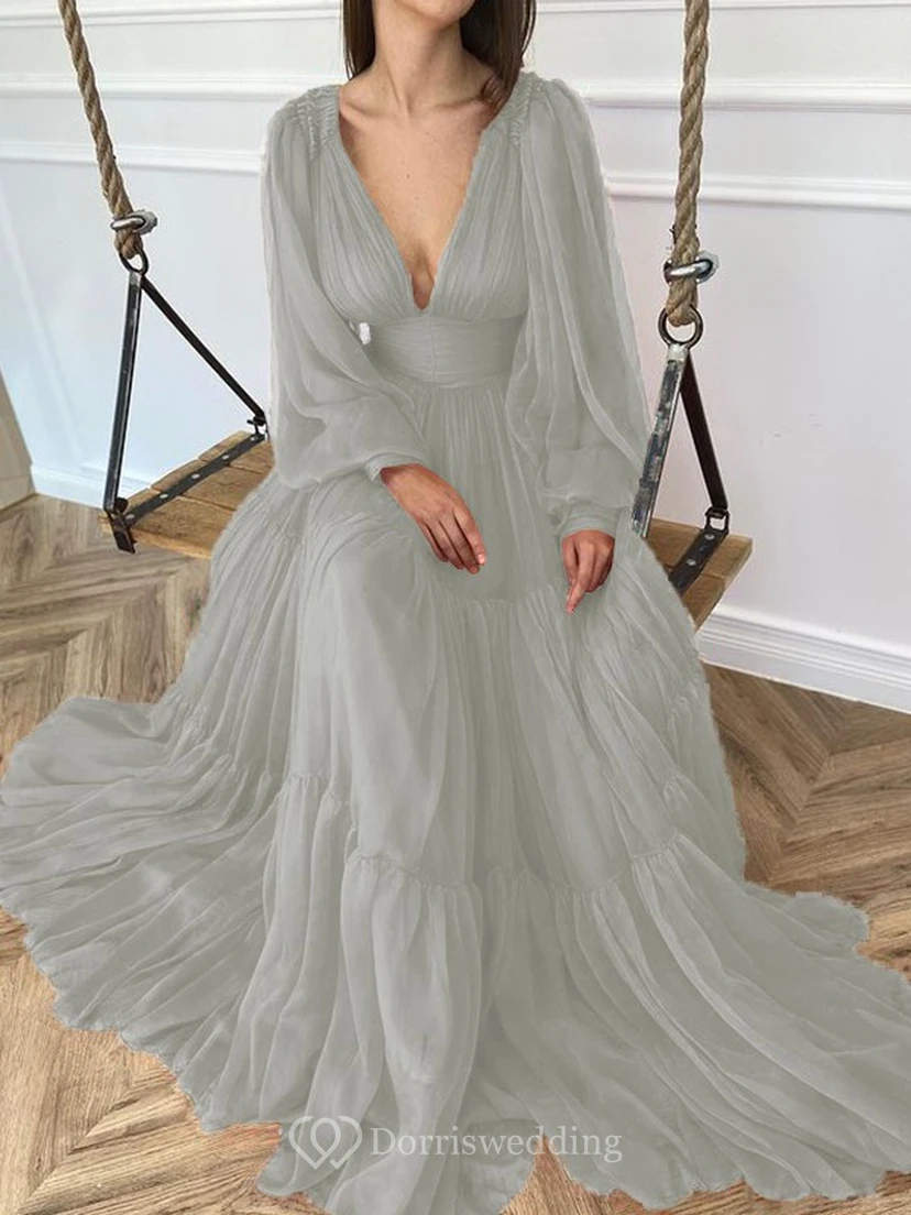 Sexy V-neck Puff Long Sleeve Chiffon Layered Empire Dress view 29