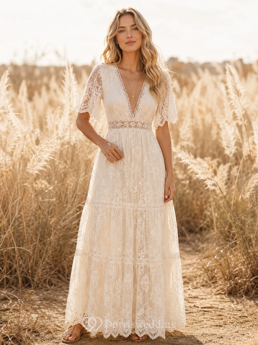 Bohemian Lace Short Sleeve V-Neck A-Line Sweep Train Romantic Bridal Dress