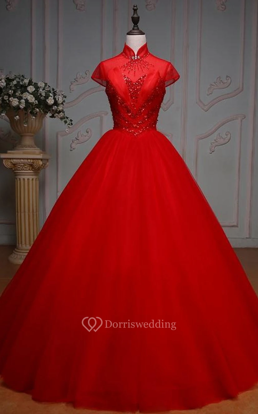 Ball Gown Long High Neck Bell Cap Pleats Beading Lace-Up Back Tulle Lace Dress