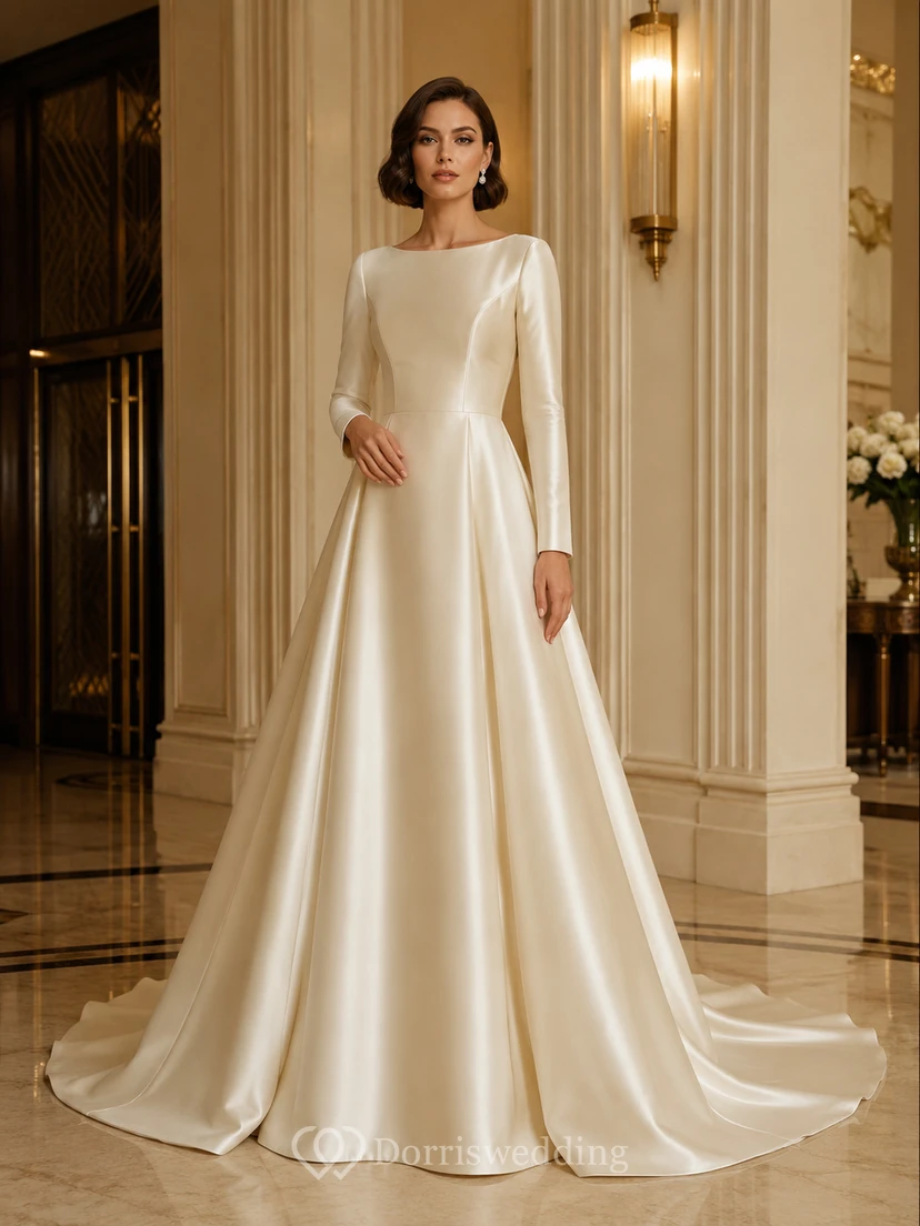 Champagne Bateau Neck Long Sleeve Satin A Line Bridal Gown