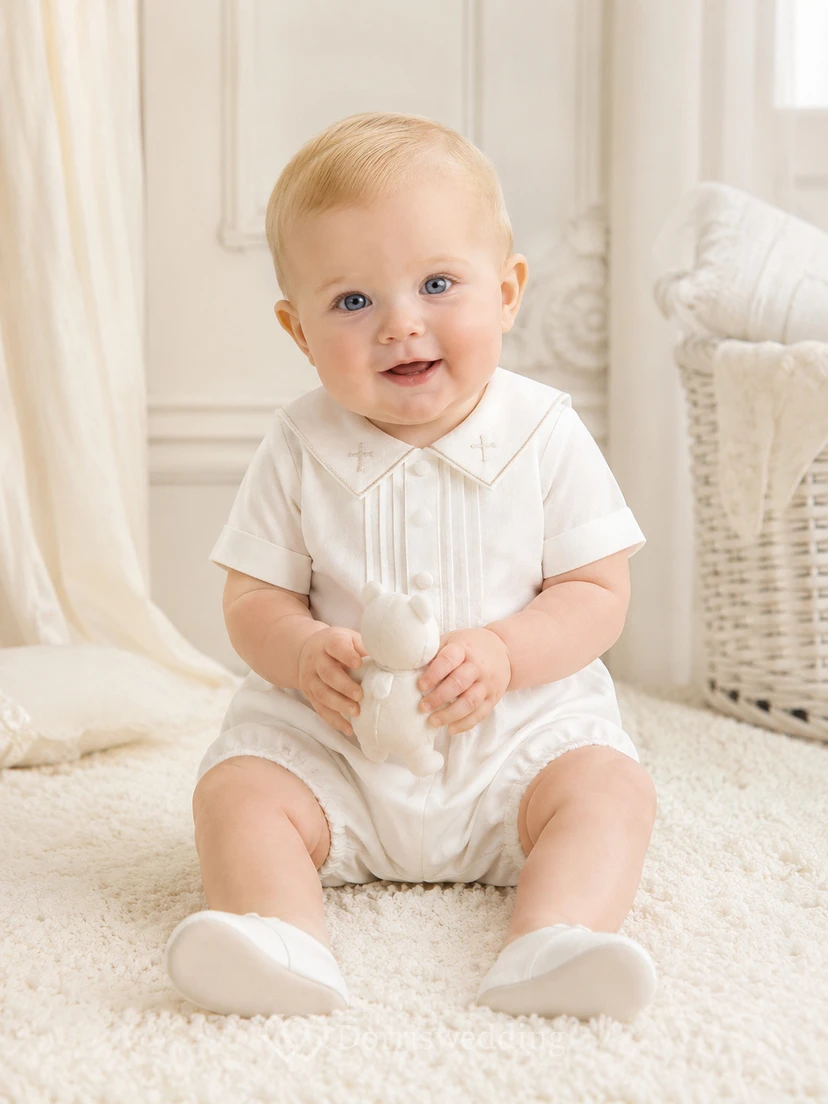 White Cross Sailor Collar Pintuck Short Sleeve Christening Romper for Baby Boy