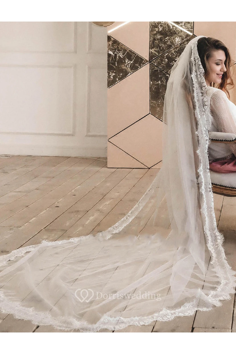 Romantic Style Long Tulle Wedding Veil with Lace Edge view 2