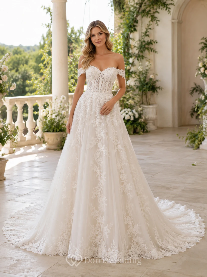 Lace Tulle Wedding Dress A-Line Off Shoulder Chapel Train Bridal Gown
