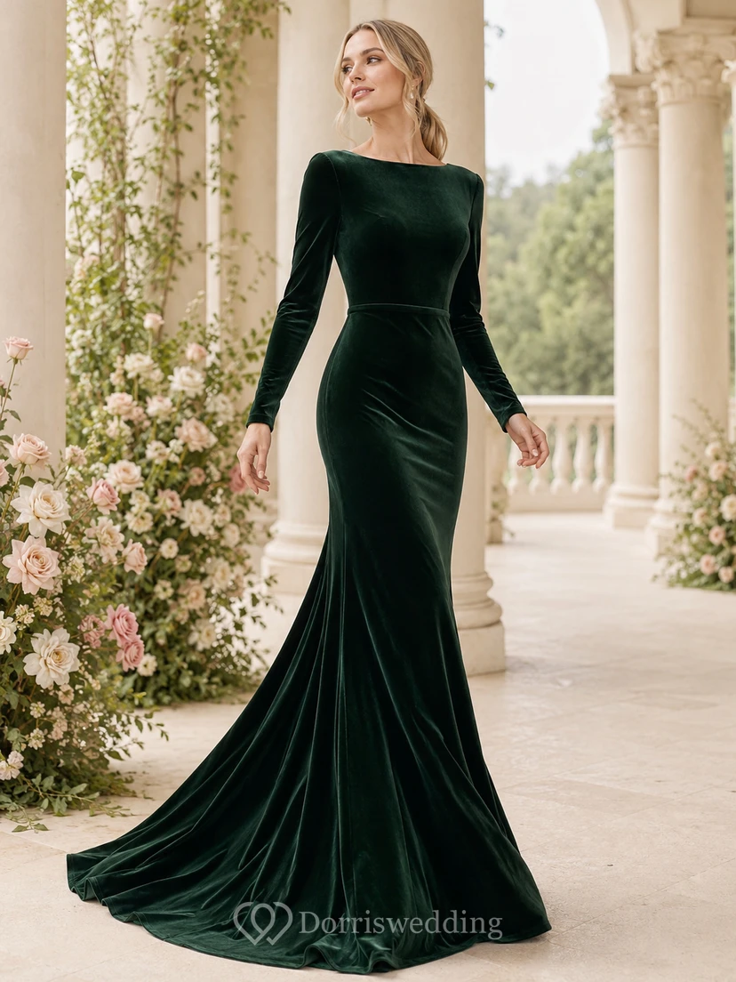 Robe de mariée sirène en velours vert foncé à col bateau et manches longues