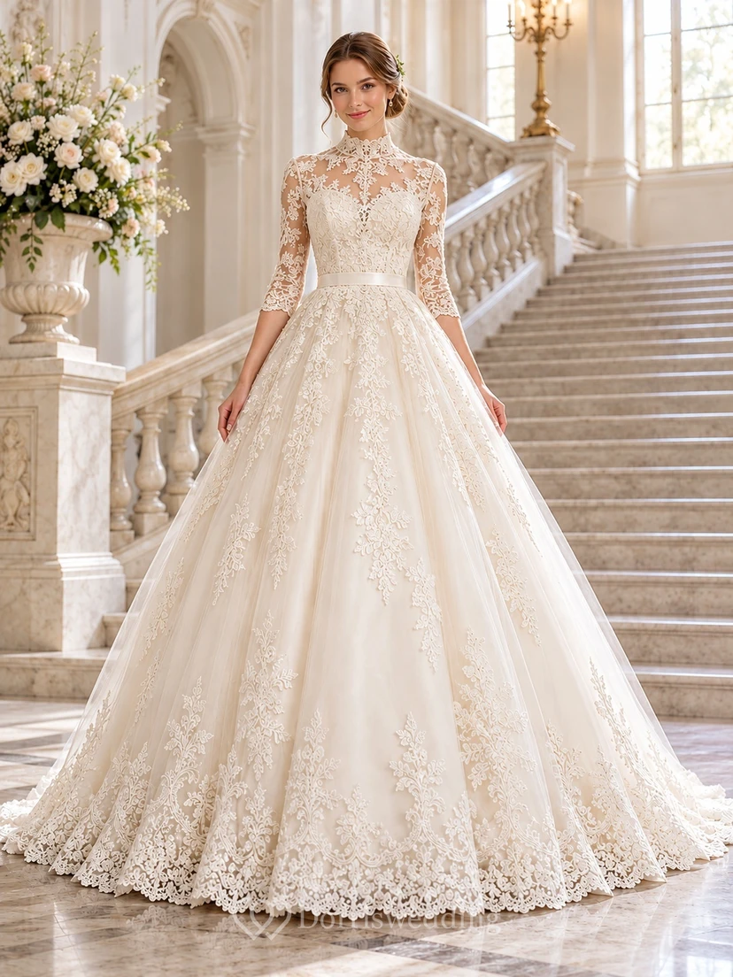 Vintage High Neck Three Quarter Sleeve Lace Full Wedding Dress