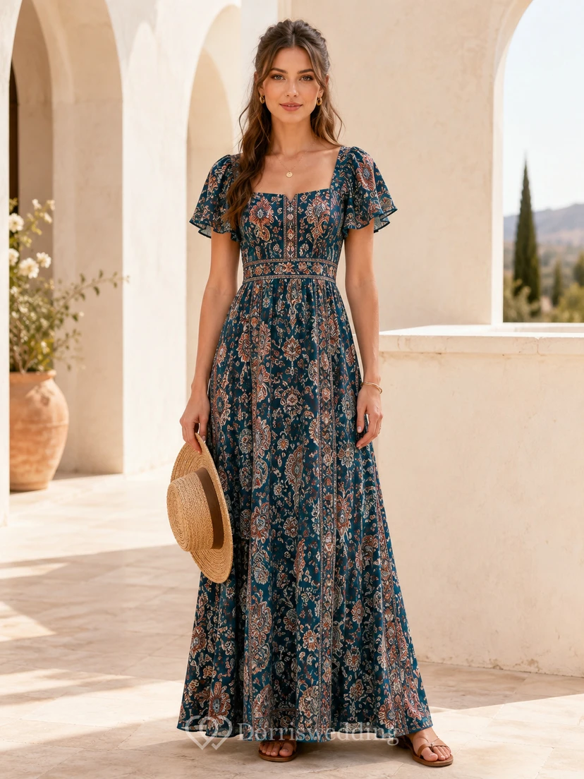 Teal Paisley Print Square Neck Flutter Sleeve Maxi Dress
