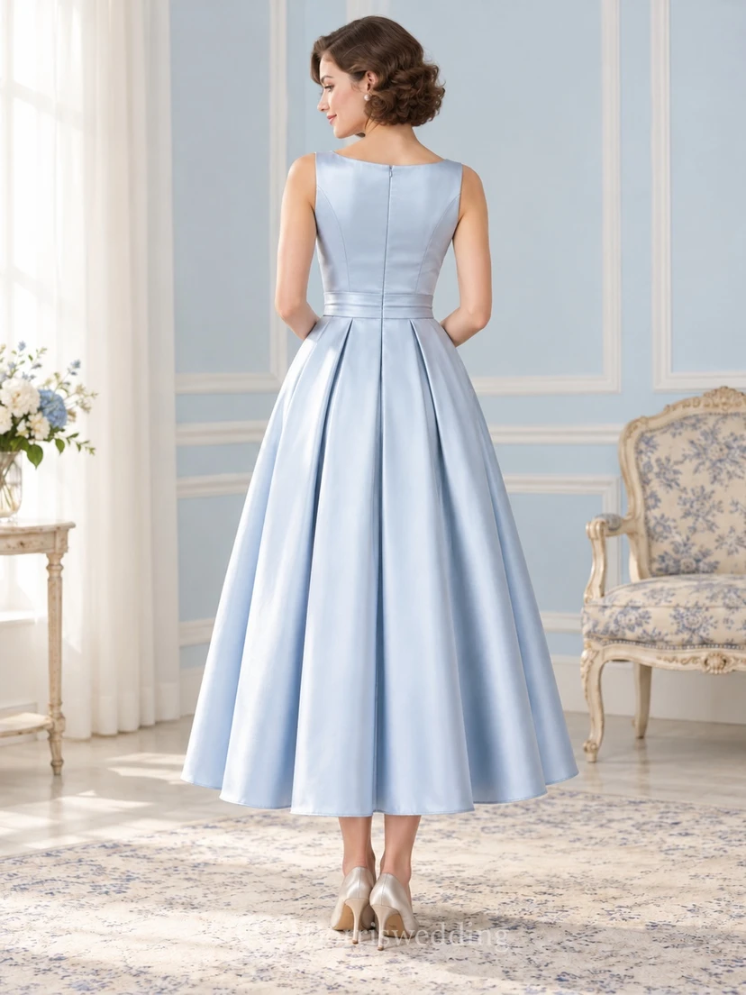 Vintage Tea-length Sky Blue Bateau Sleeveless Bow Satin Prom Dress view 2