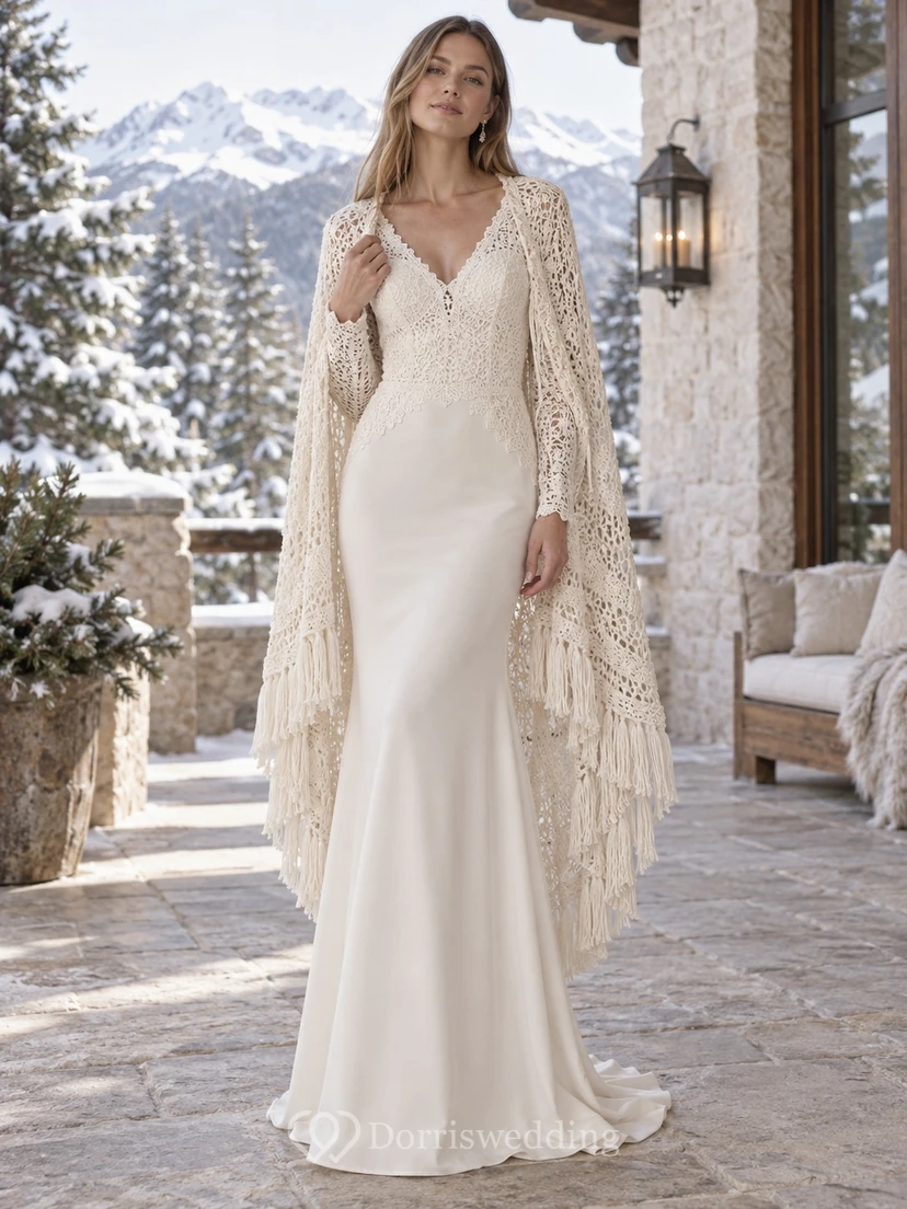 Vestido de novia bohemio de gasa con manga larga, escote en V, capa de crochet con flecos y corte recto.