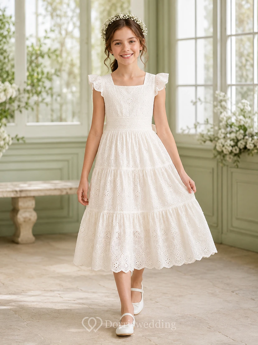 Vestido de comunión de niña de las flores, largo hasta la rodilla, con volantes y encaje escalonado.