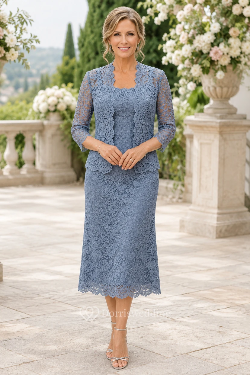 Robe mère veste en dentelle bleu poudré mi-longue
