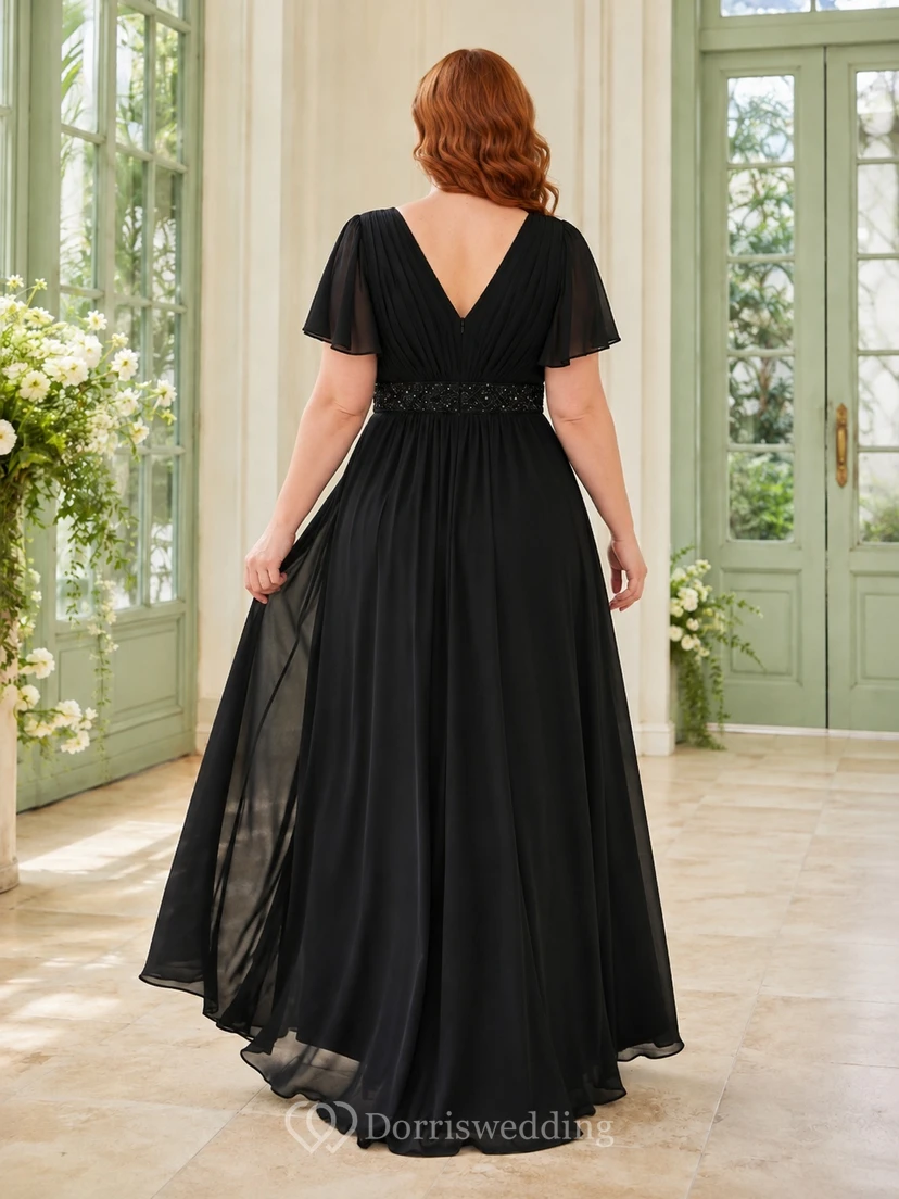 Plus Size Black V-Neck Flutter Sleeve Chiffon A-Line Floor-Length Evening Gown view 2