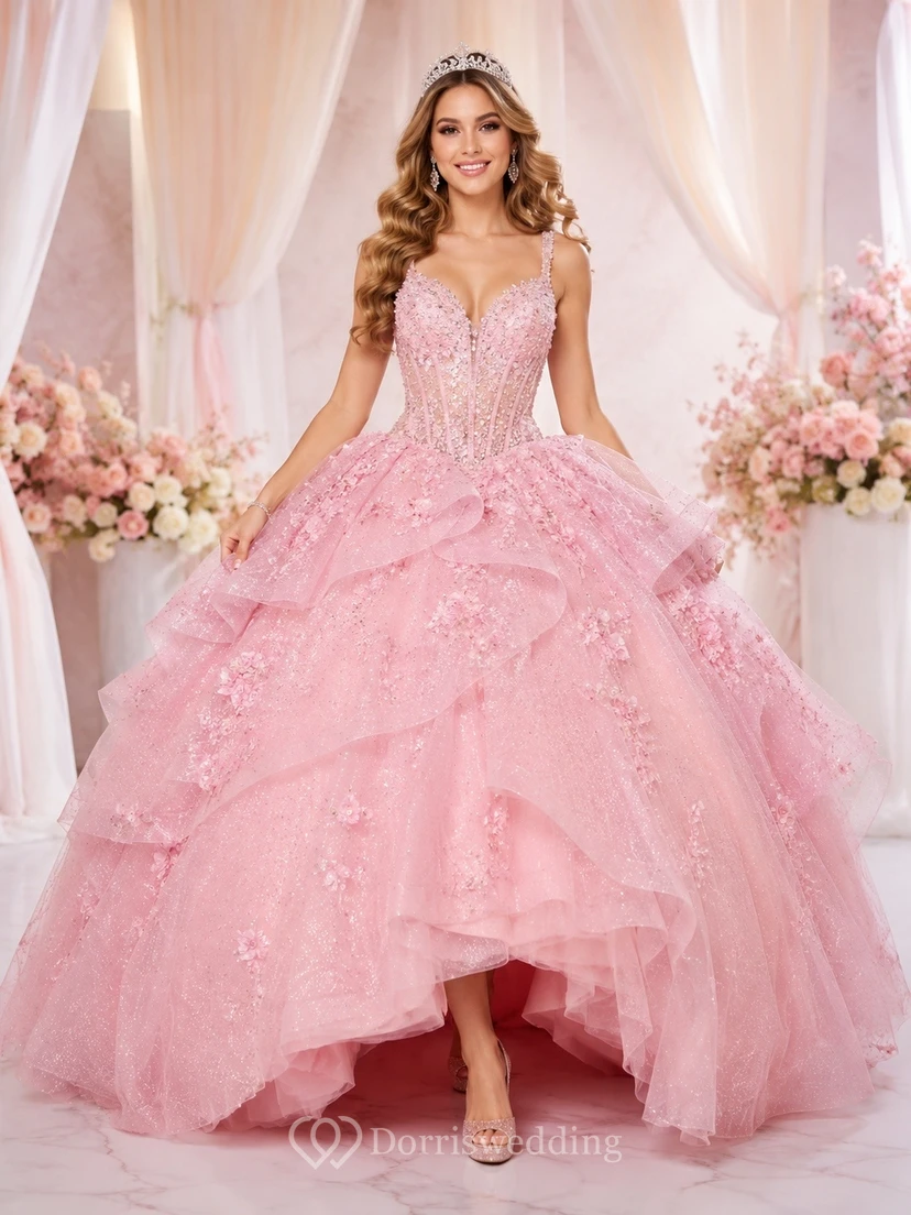 Pink Strapless Sweetheart Tulle Ball Gown Floral Quinceanera Ceremony Dress