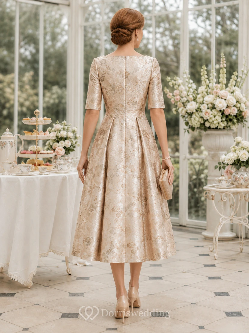 Champagnerfarbenes, wadenlanges Mutterkleid mit floralem Jacquardmuster und halben Ärmeln view 2