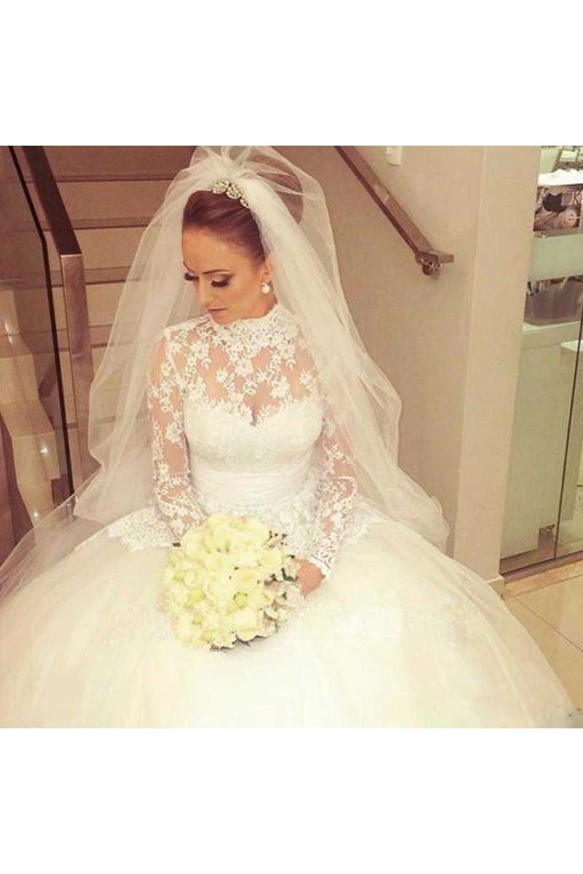 Vestido de novia de encaje con cuello alto, corte en A, estilo princesa modesta, apliques y mangas largas