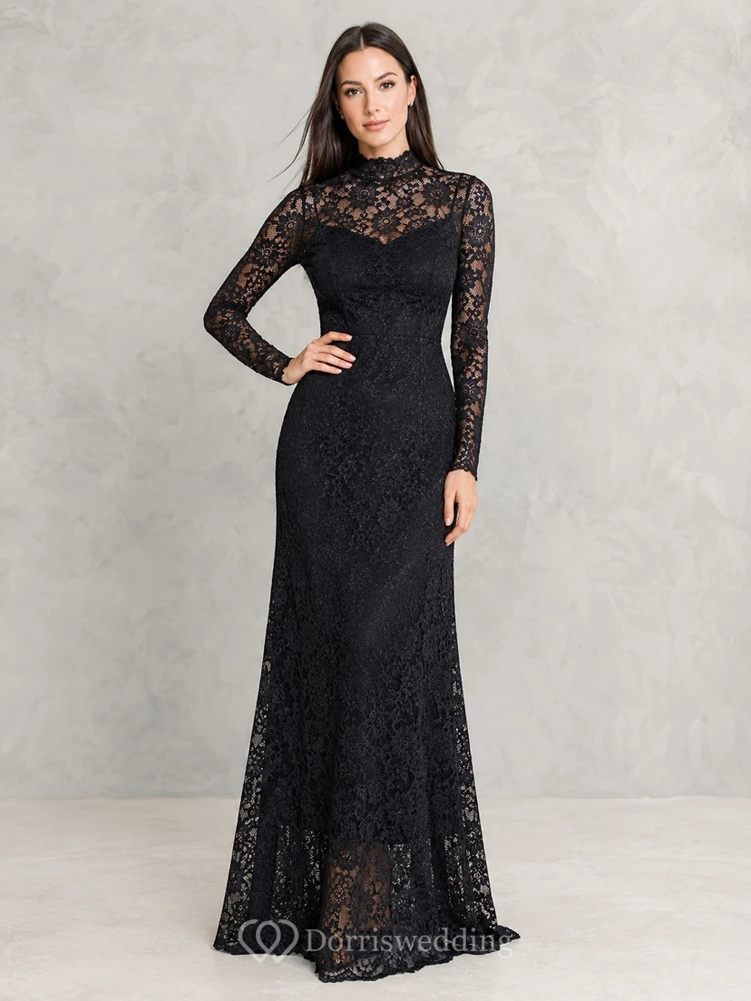 Black Lace High Neck Long Sleeve Mermaid Gown