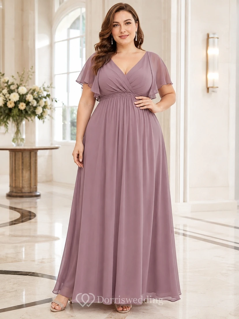Mauve Chiffon V-neck Flutter Sleeve Empire Floor-length A-Line Plus Size Dress