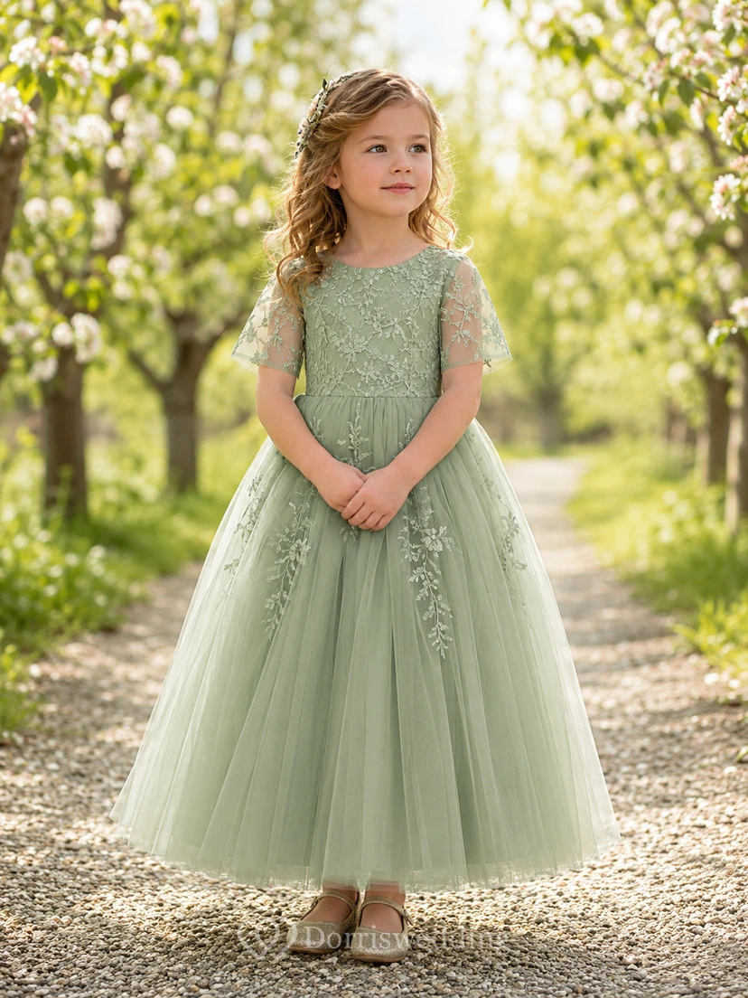 Blumenmädchenkleid aus Salbeigrüner Spitze und Tüll, A-Linie, kurze Ärmel, Rundhalsausschnitt, Teelänge