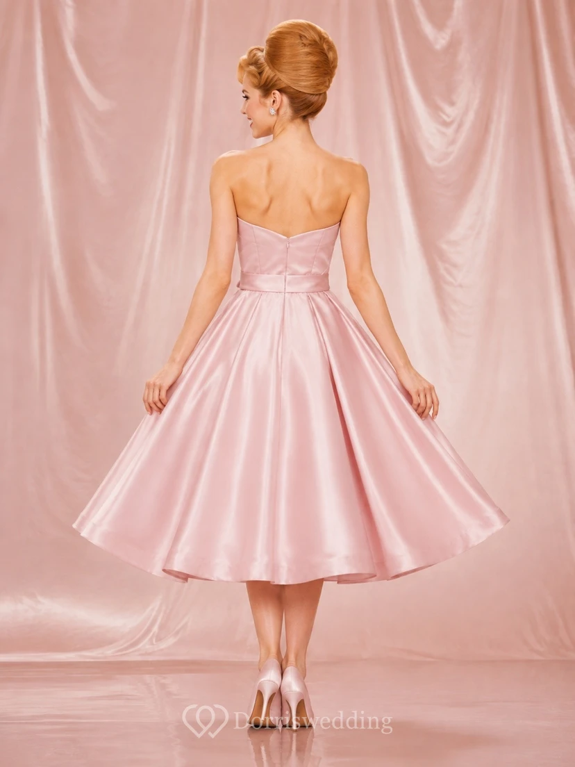 Teelanges, vintage-rosafarbenes, trägerloses A-Linien-Cocktailkleid aus Satin view 2
