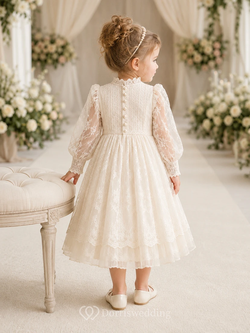 Modest Long Sleeve Lace Ankle-Length A-Line Flower Girl Garden Wedding Tulle Dress view 2