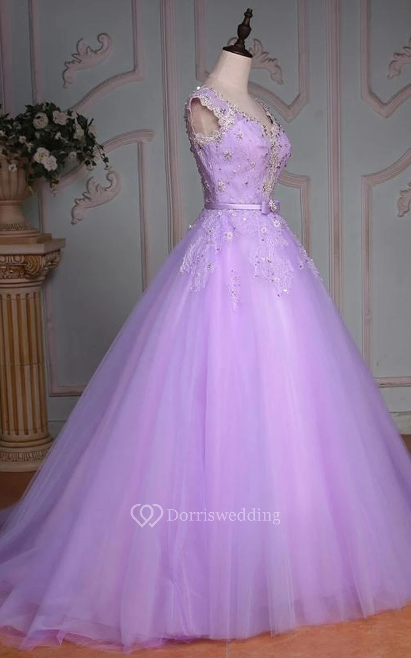 Ball Gown Floor-Length V-Neck Bell Cap Beading Flower Corset Back Tulle Lace Sequins Dress view 13