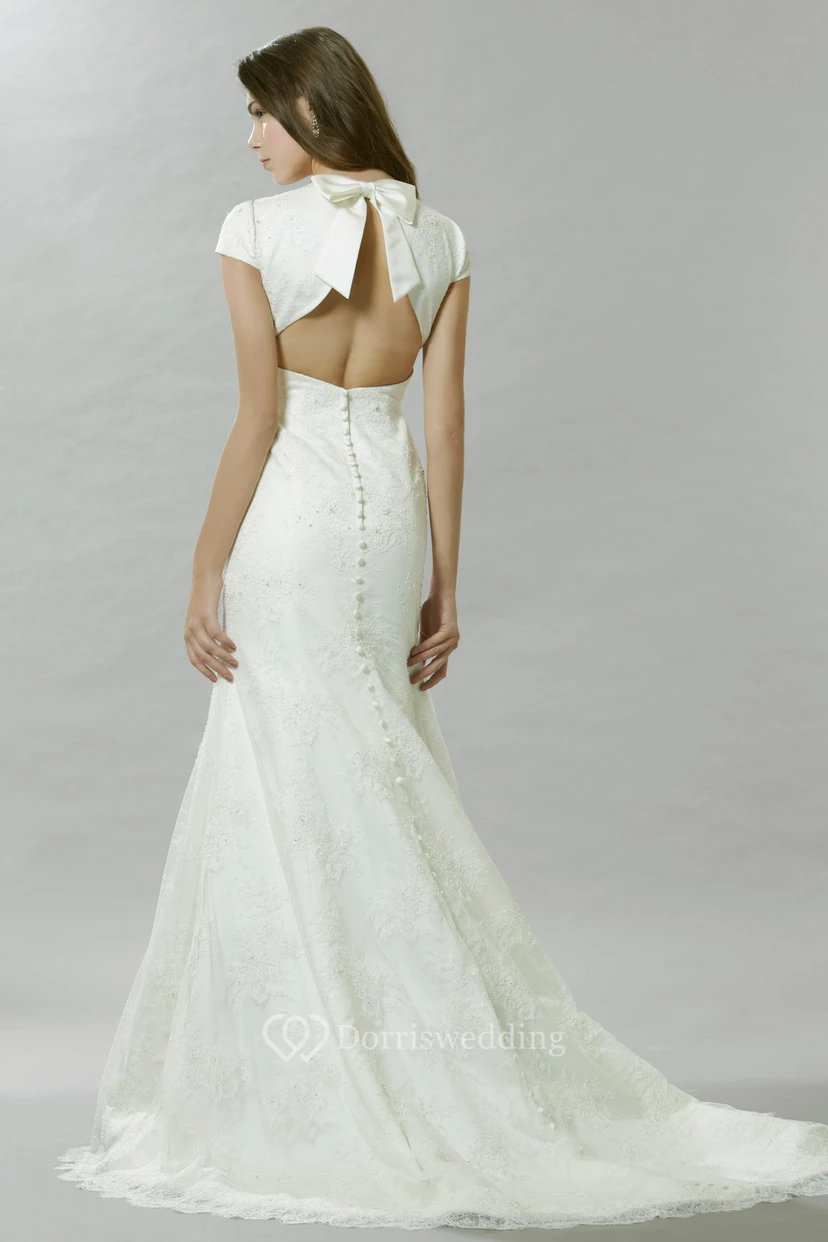 Floor-Length Bowed Cap Sleeve Scoop Neck Lace Wedding Dress view 2