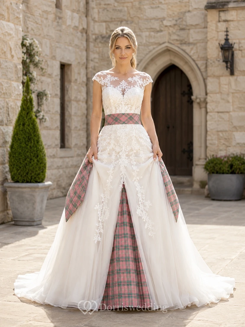 Romantisches Hochzeitskleid aus schottischem rosa Tartan mit Spitzenbesatz und Schmuckkragen