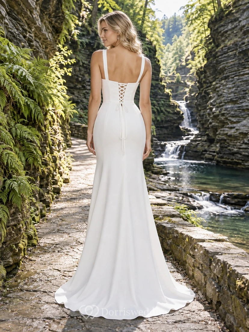 Simple Square Neck Sheath Sleeveless Slit Stretch Crepe Floor Length Wedding Dress view 2