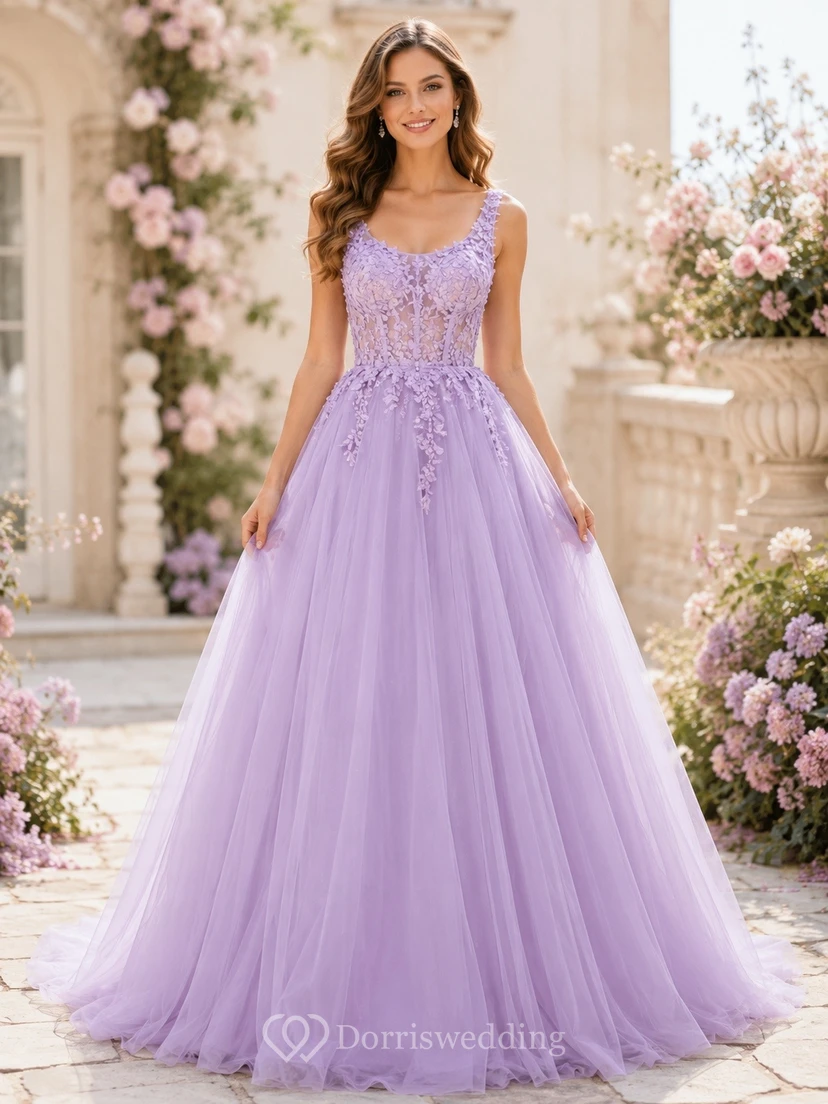 Vestido de gala de corte A sin mangas con escote cuadrado de tul color lavanda
