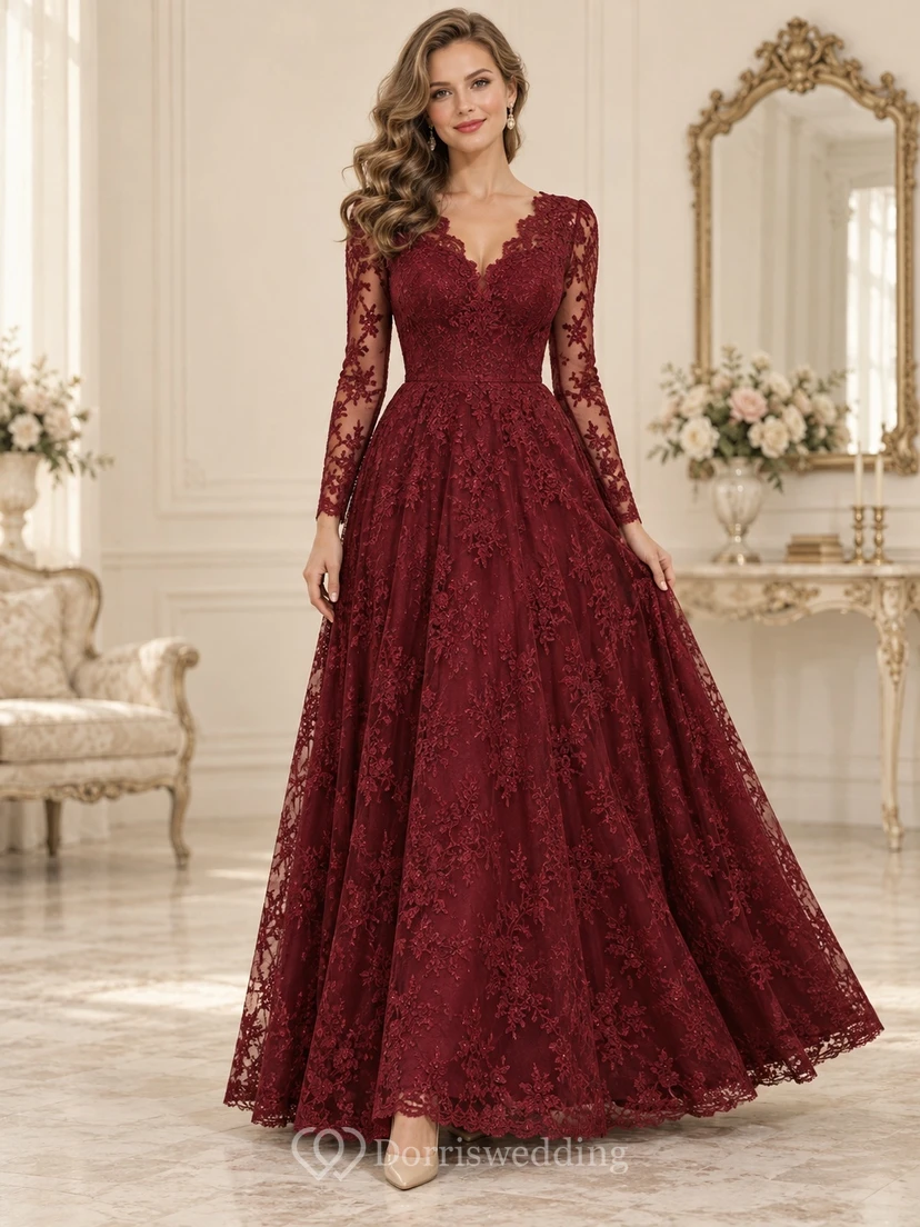 Vintage-Abendkleid in A-Linie, langärmelig, burgunderrot, V-Ausschnitt, mit floraler Spitze