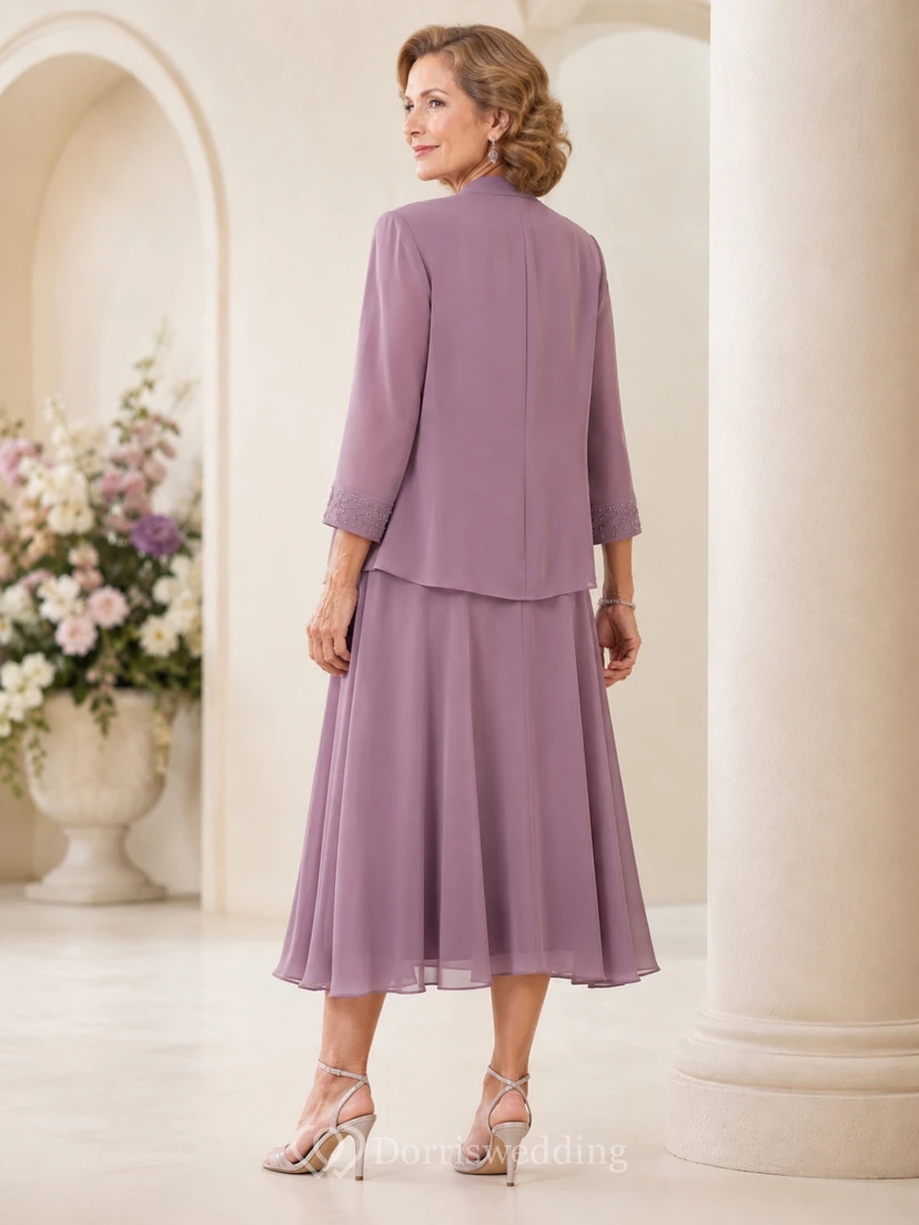 Vintage-Set aus mauvefarbenem Chiffon, elegantem Brautkleid für die Mutter älterer Bräute, mit dreiviertelärmeligem Rundhalsausschnitt, langer Jacke und A-Linien-Rock in Teelänge view 2